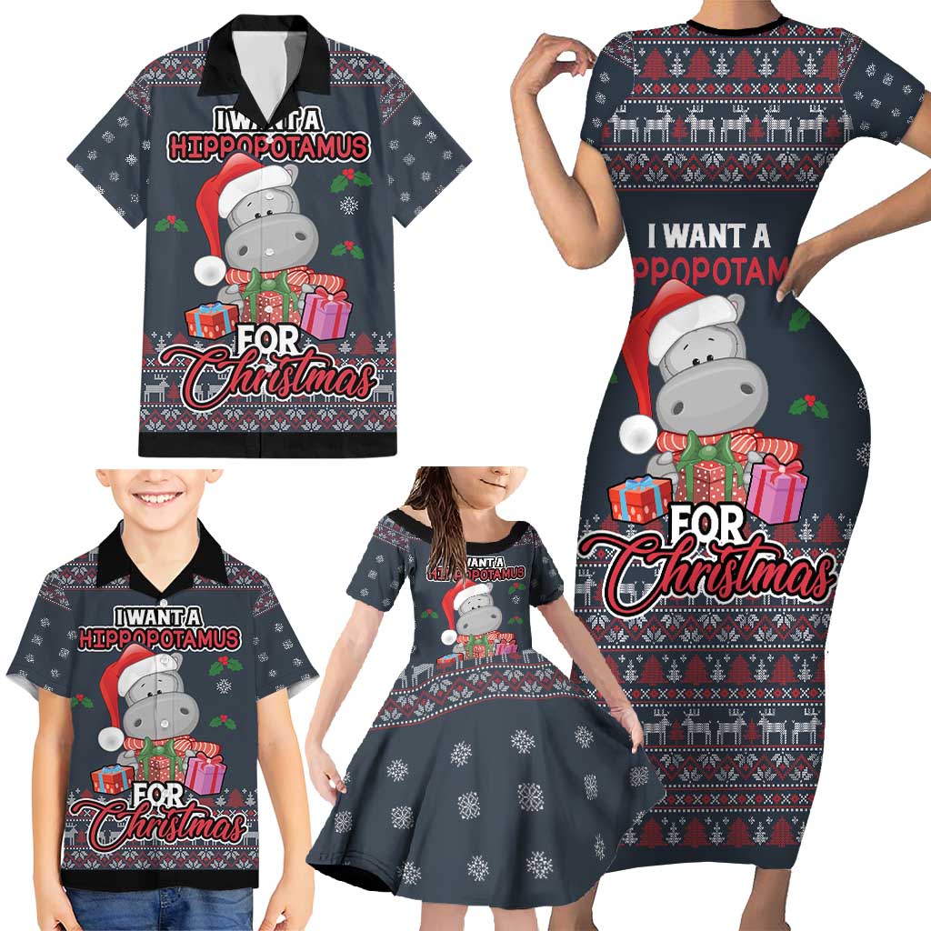 I Want A Hippopotamus Christmas Family Matching Short Sleeve Bodycon Dress and Hawaiian Shirt - Wonder Print Shop