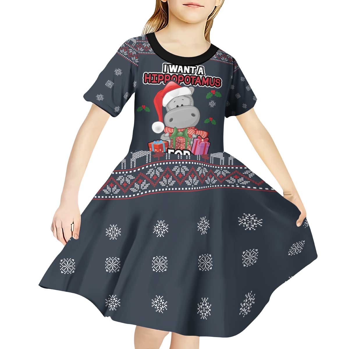 I Want A Hippopotamus Christmas Kid Short Sleeve Dress - Wonder Print Shop