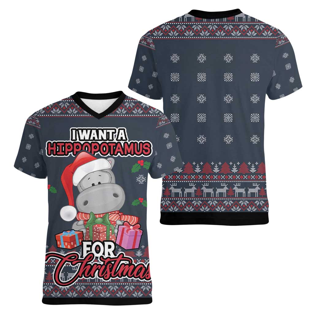 I Want A Hippopotamus Christmas Women V-Neck T-Shirt - Wonder Print Shop