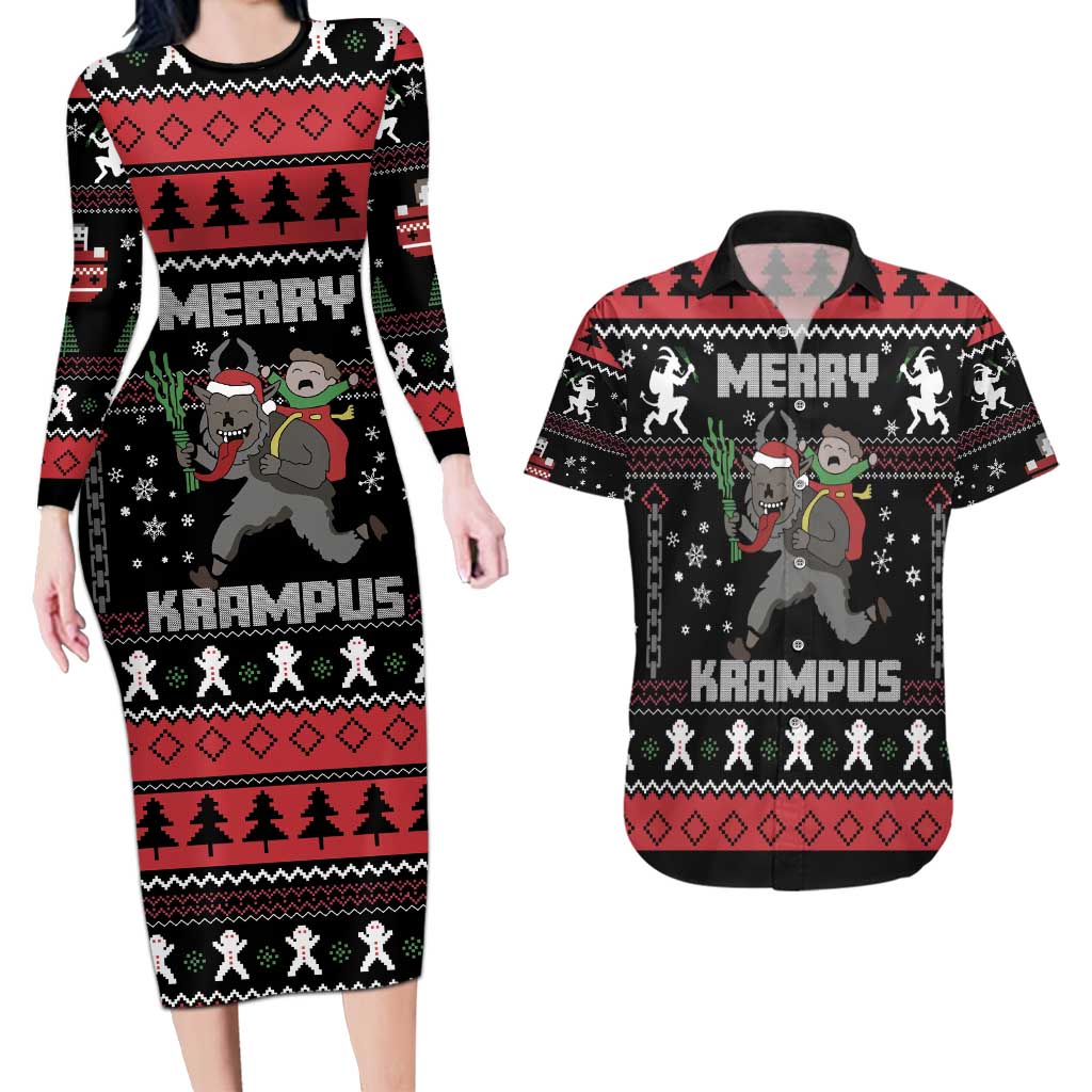 Merry Krampus Couples Matching Long Sleeve Bodycon Dress and Hawaiian Shirt Christmas Gifts - Wonder Print Shop