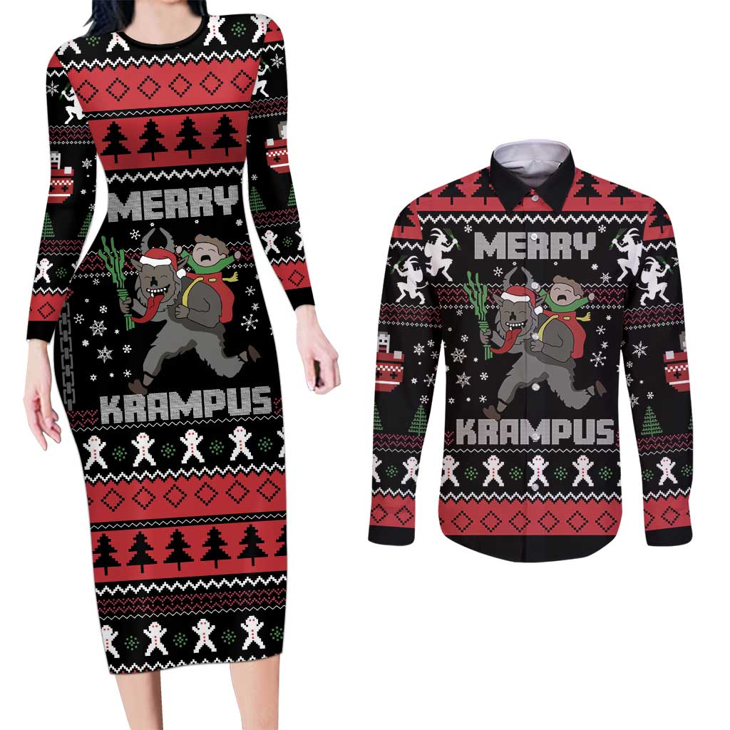 Merry Krampus Couples Matching Long Sleeve Bodycon Dress and Long Sleeve Button Shirt Christmas Gifts - Wonder Print Shop