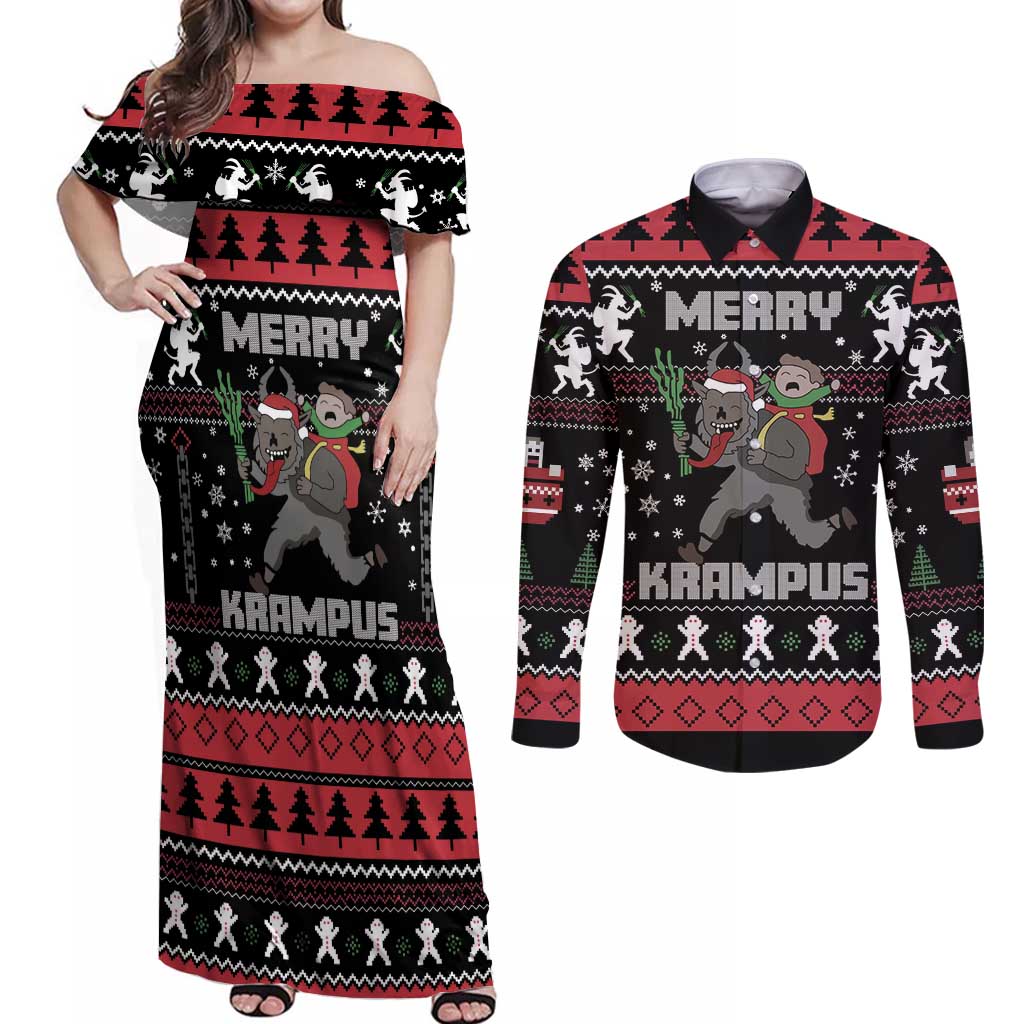 Merry Krampus Couples Matching Off Shoulder Maxi Dress and Long Sleeve Button Shirt Christmas Gifts - Wonder Print Shop