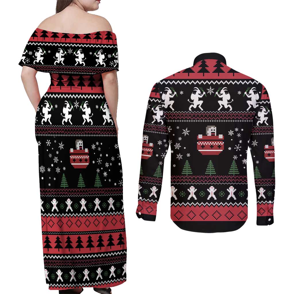 Merry Krampus Couples Matching Off Shoulder Maxi Dress and Long Sleeve Button Shirt Christmas Gifts - Wonder Print Shop
