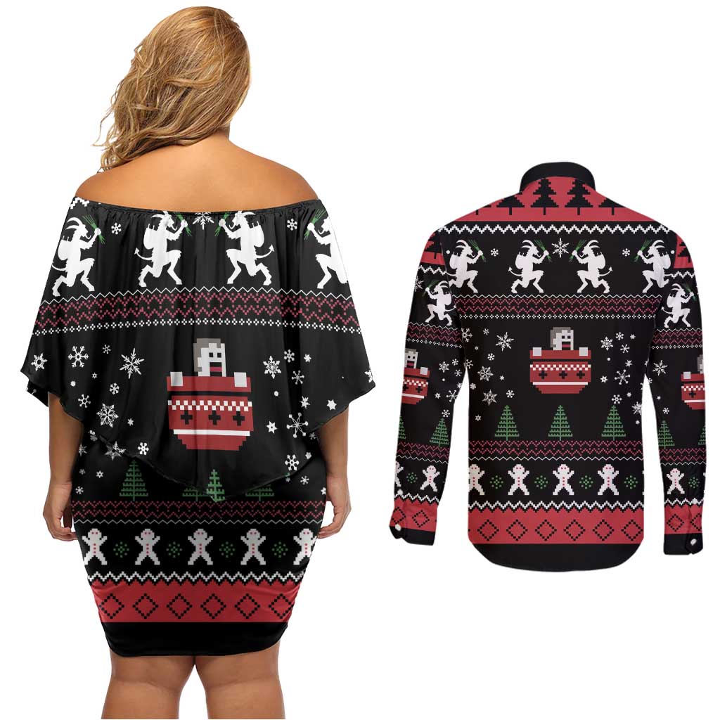 Merry Krampus Couples Matching Off Shoulder Short Dress and Long Sleeve Button Shirt Christmas Gifts - Wonder Print Shop