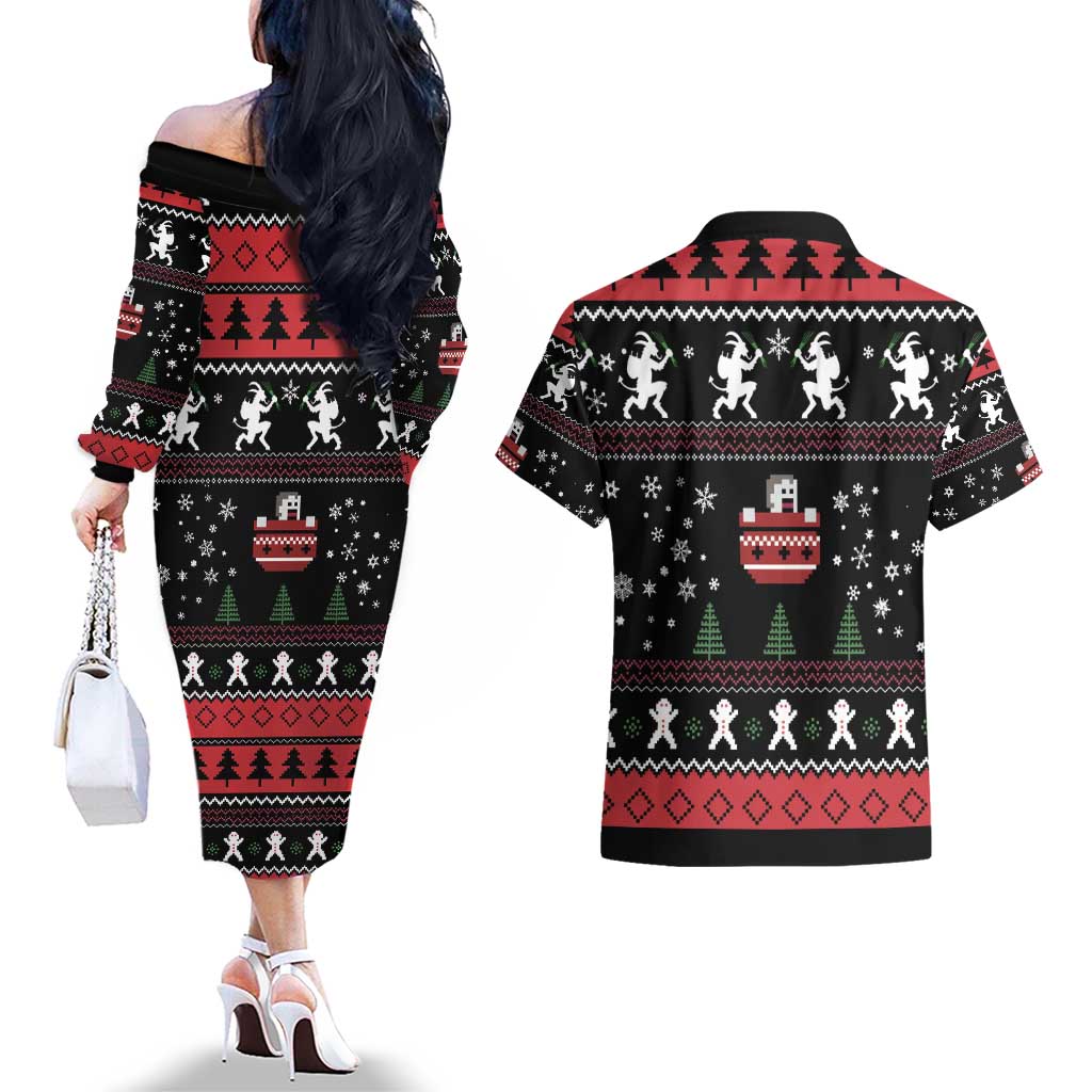Merry Krampus Couples Matching Off The Shoulder Long Sleeve Dress and Hawaiian Shirt Christmas Gifts - Wonder Print Shop