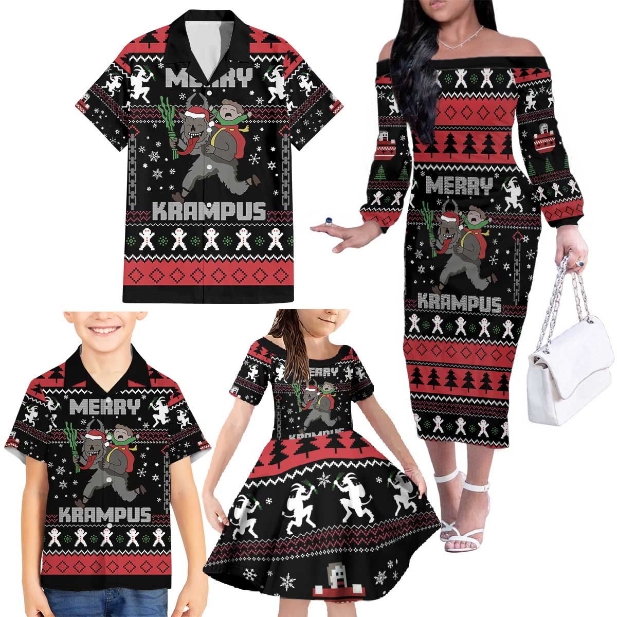 Merry Krampus Family Matching Off The Shoulder Long Sleeve Dress and Hawaiian Shirt Christmas Gifts - Wonder Print Shop