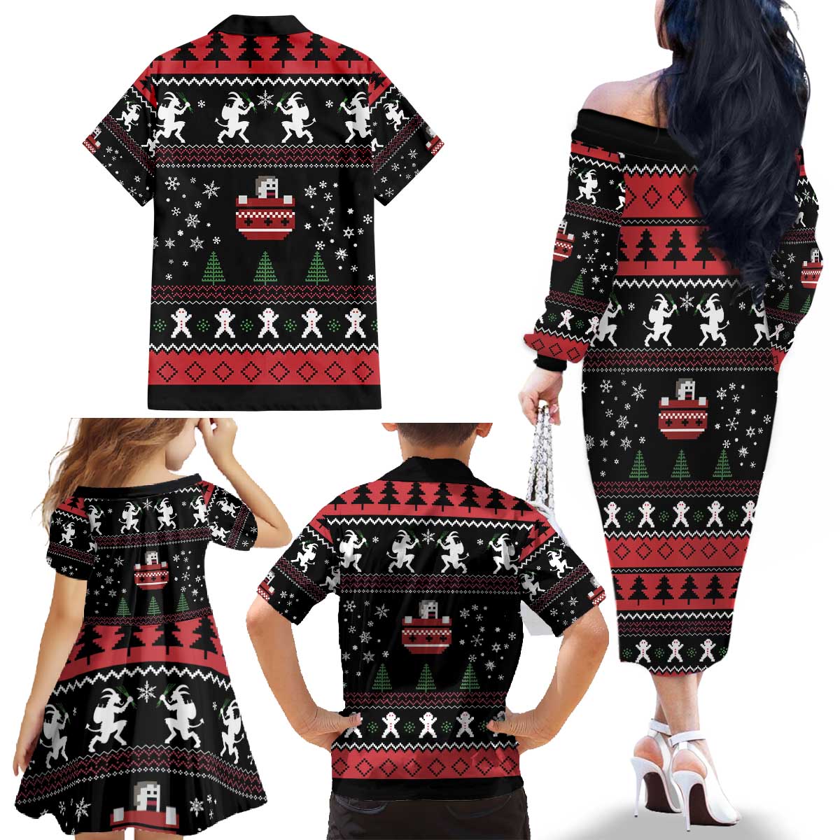Merry Krampus Family Matching Off The Shoulder Long Sleeve Dress and Hawaiian Shirt Christmas Gifts - Wonder Print Shop