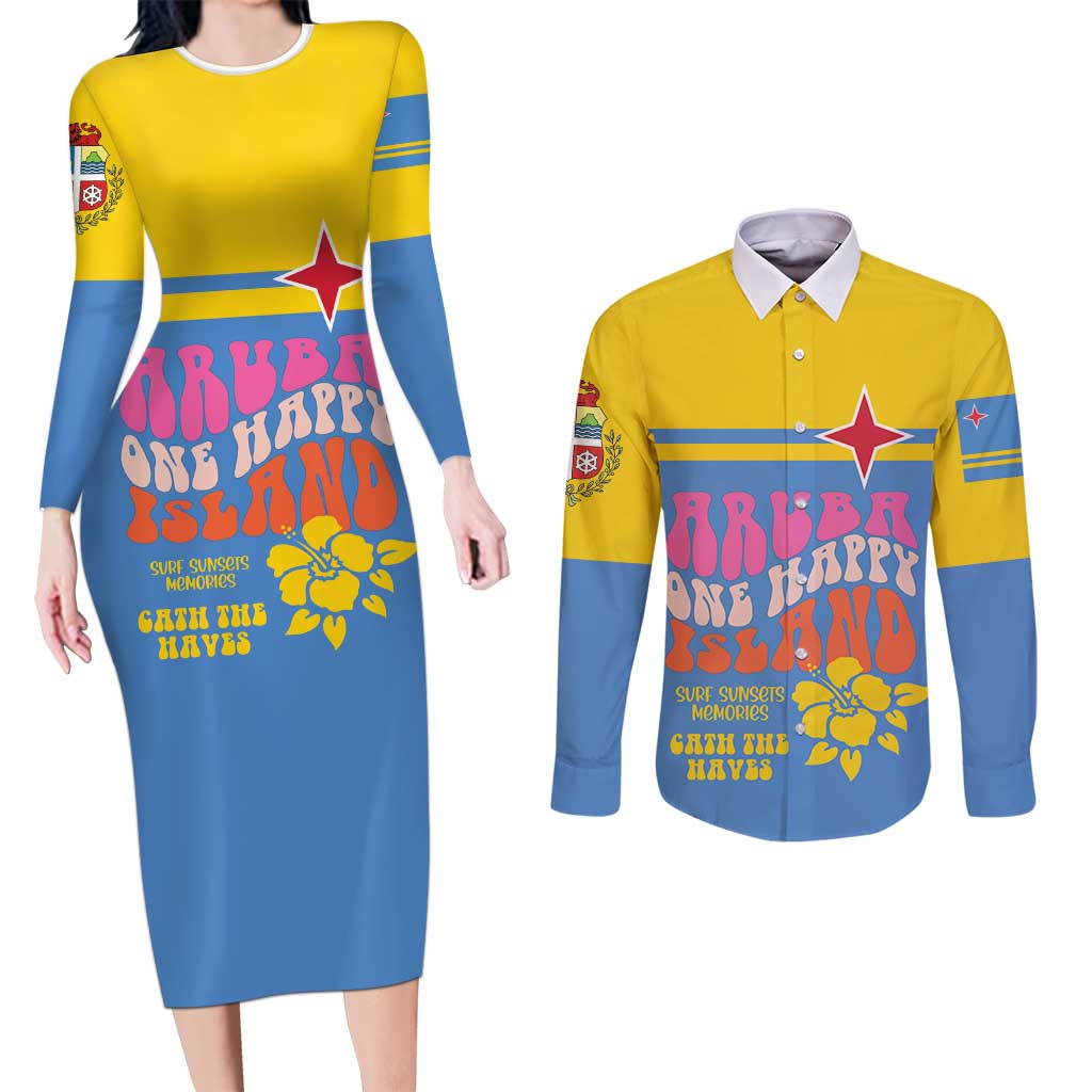Aruba Couples Matching Long Sleeve Bodycon Dress and Long Sleeve Button Shirt One Happy Island 2025 - Wonder Print Shop