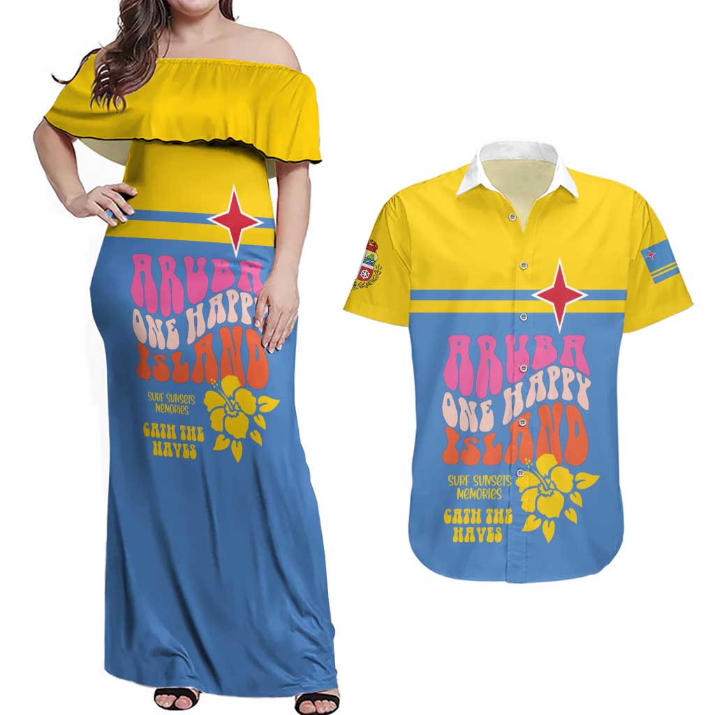 Aruba Couples Matching Off Shoulder Maxi Dress and Hawaiian Shirt One Happy Island 2025 - Wonder Print Shop