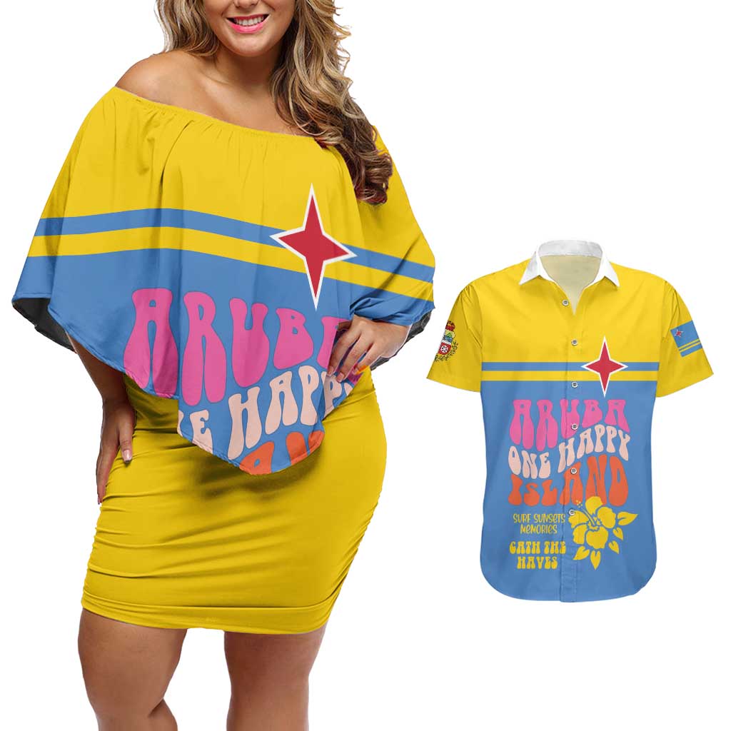Aruba Couples Matching Off Shoulder Short Dress and Hawaiian Shirt One Happy Island 2025 - Wonder Print Shop