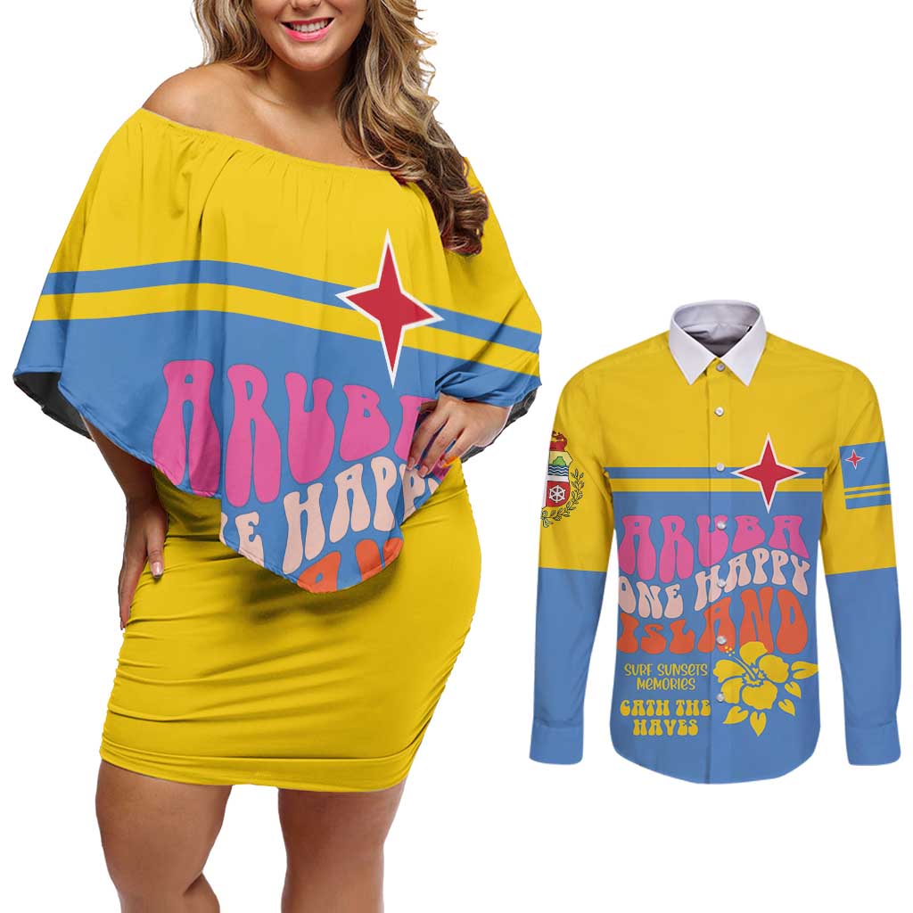 Aruba Couples Matching Off Shoulder Short Dress and Long Sleeve Button Shirt One Happy Island 2025 - Wonder Print Shop