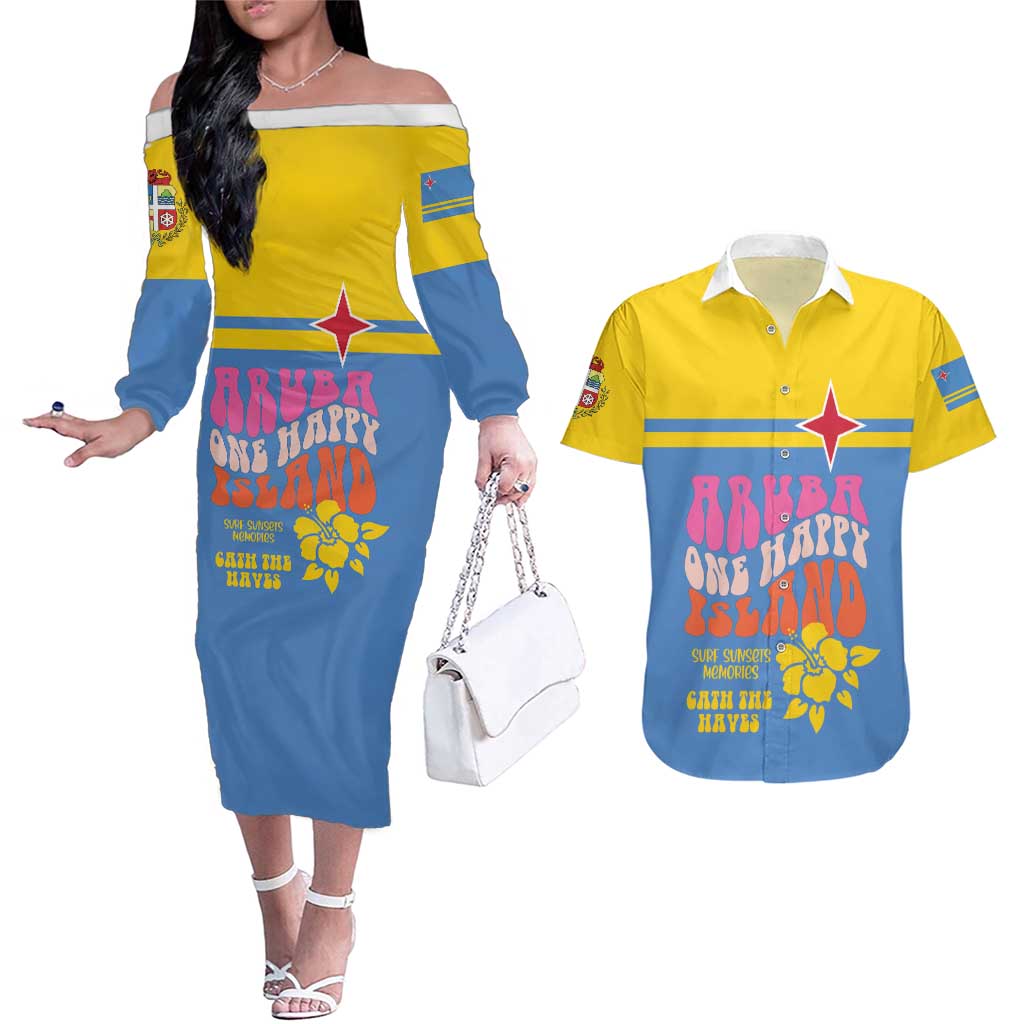 Aruba Couples Matching Off The Shoulder Long Sleeve Dress and Hawaiian Shirt One Happy Island 2025 - Wonder Print Shop