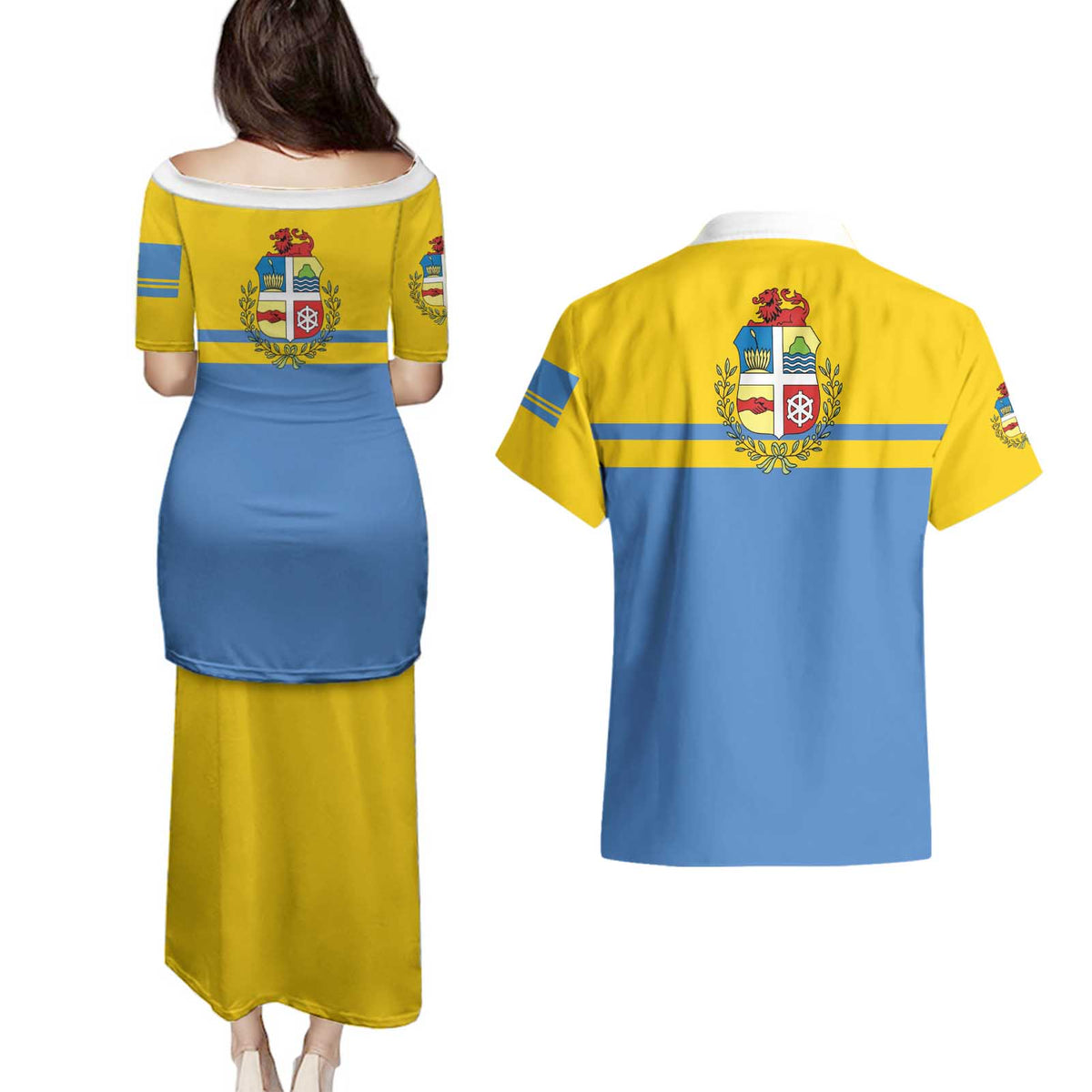 Aruba Couples Matching Puletasi and Hawaiian Shirt One Happy Island 2025 - Wonder Print Shop