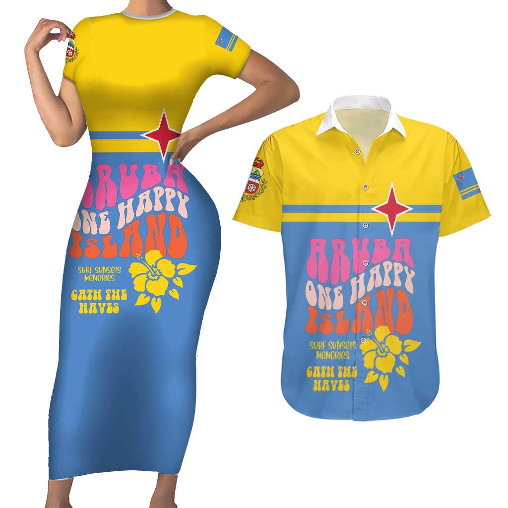 Aruba Couples Matching Short Sleeve Bodycon Dress and Hawaiian Shirt One Happy Island 2025 - Wonder Print Shop
