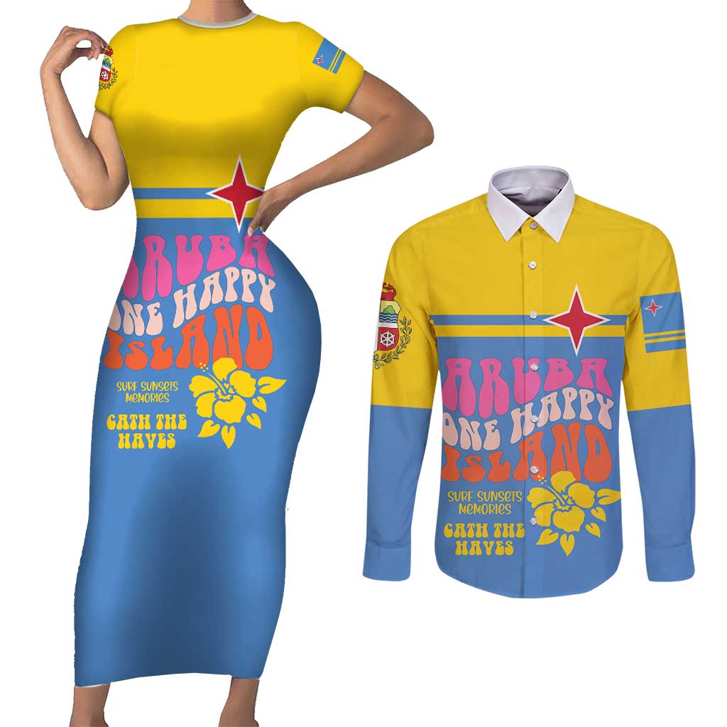 Aruba Couples Matching Short Sleeve Bodycon Dress and Long Sleeve Button Shirt One Happy Island 2025 - Wonder Print Shop