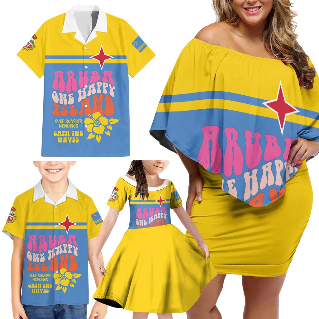 Aruba Family Matching Off Shoulder Short Dress and Hawaiian Shirt One Happy Island 2025 - Wonder Print Shop