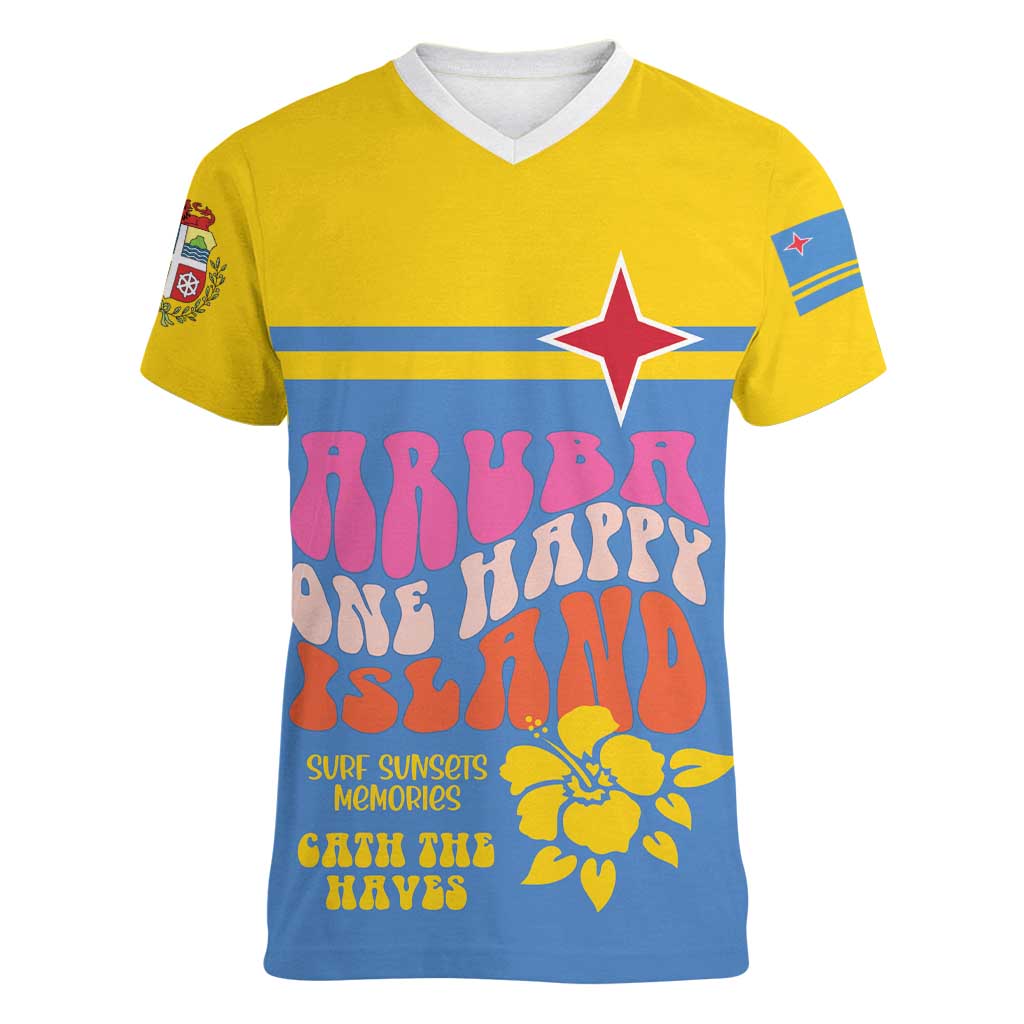 Aruba Women V-Neck T-Shirt One Happy Island 2025 - Wonder Print Shop