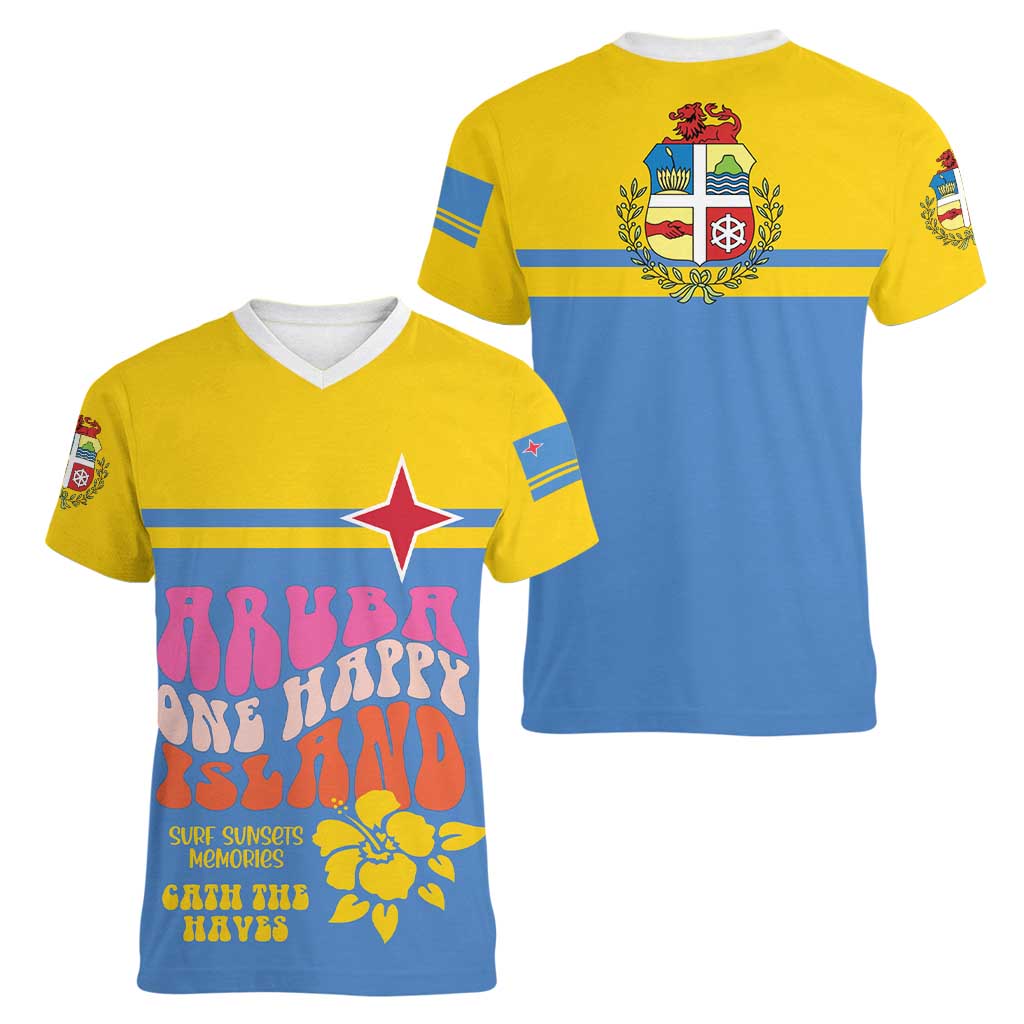 Aruba Women V-Neck T-Shirt One Happy Island 2025 - Wonder Print Shop