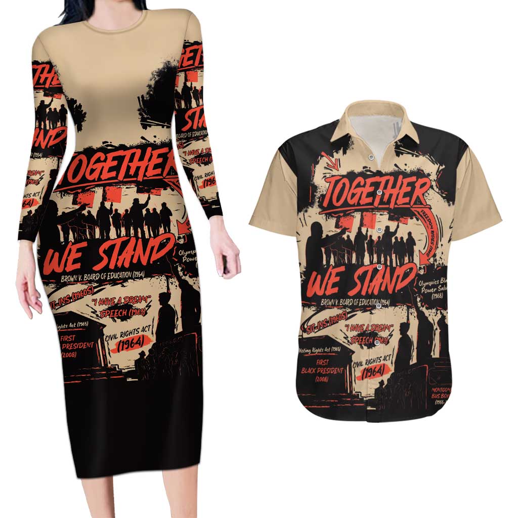 Together We Stand Couples Matching Long Sleeve Bodycon Dress and Hawaiian Shirt African American - Wonder Print Shop