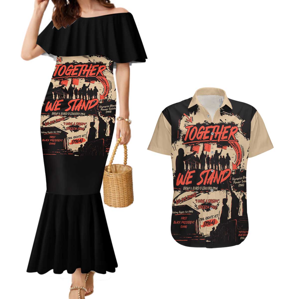 Together We Stand Couples Matching Mermaid Dress and Hawaiian Shirt African American - Wonder Print Shop
