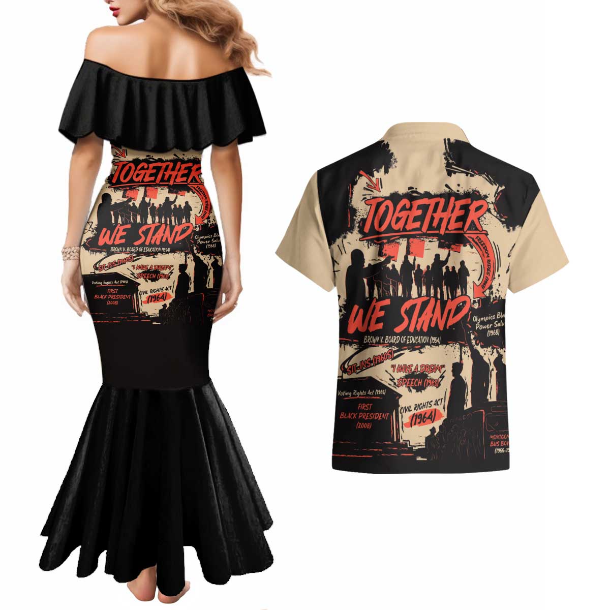 Together We Stand Couples Matching Mermaid Dress and Hawaiian Shirt African American - Wonder Print Shop