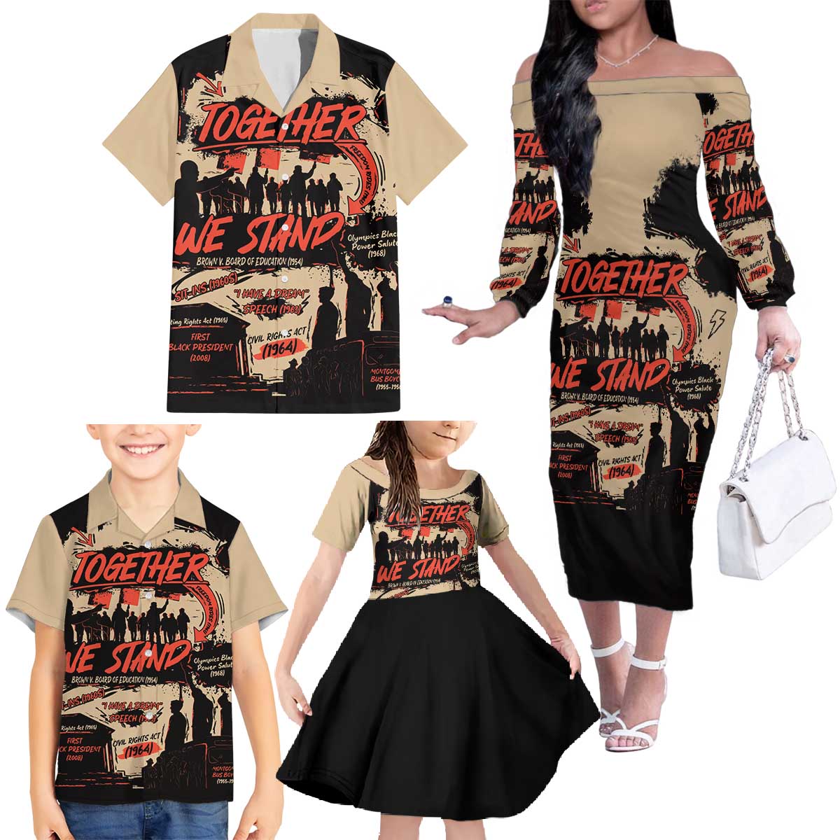 Together We Stand Family Matching Off The Shoulder Long Sleeve Dress and Hawaiian Shirt African American - Wonder Print Shop