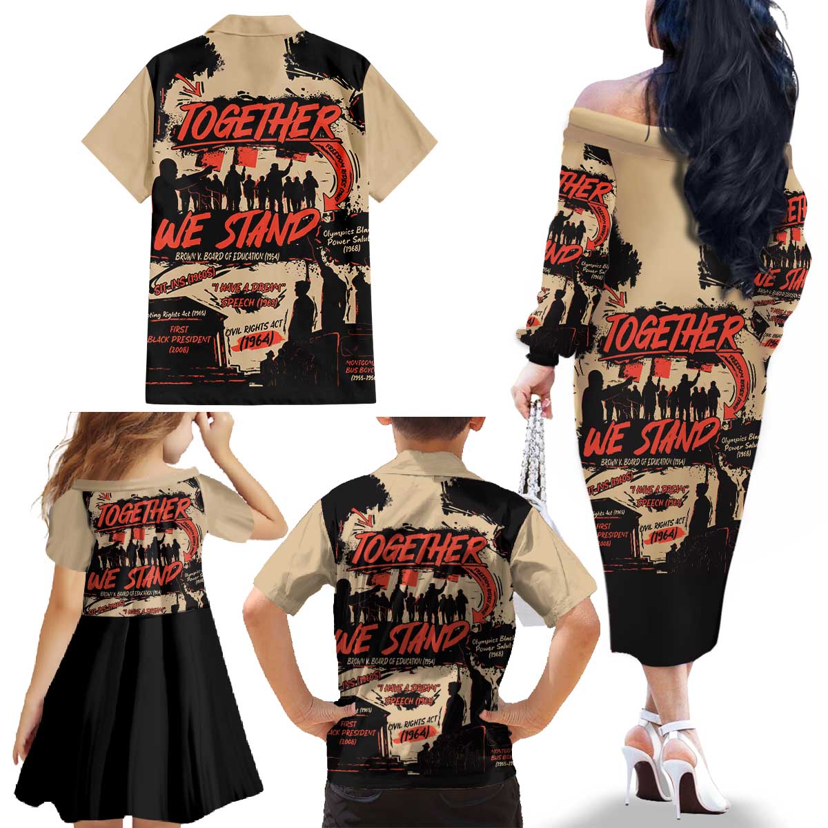 Together We Stand Family Matching Off The Shoulder Long Sleeve Dress and Hawaiian Shirt African American - Wonder Print Shop