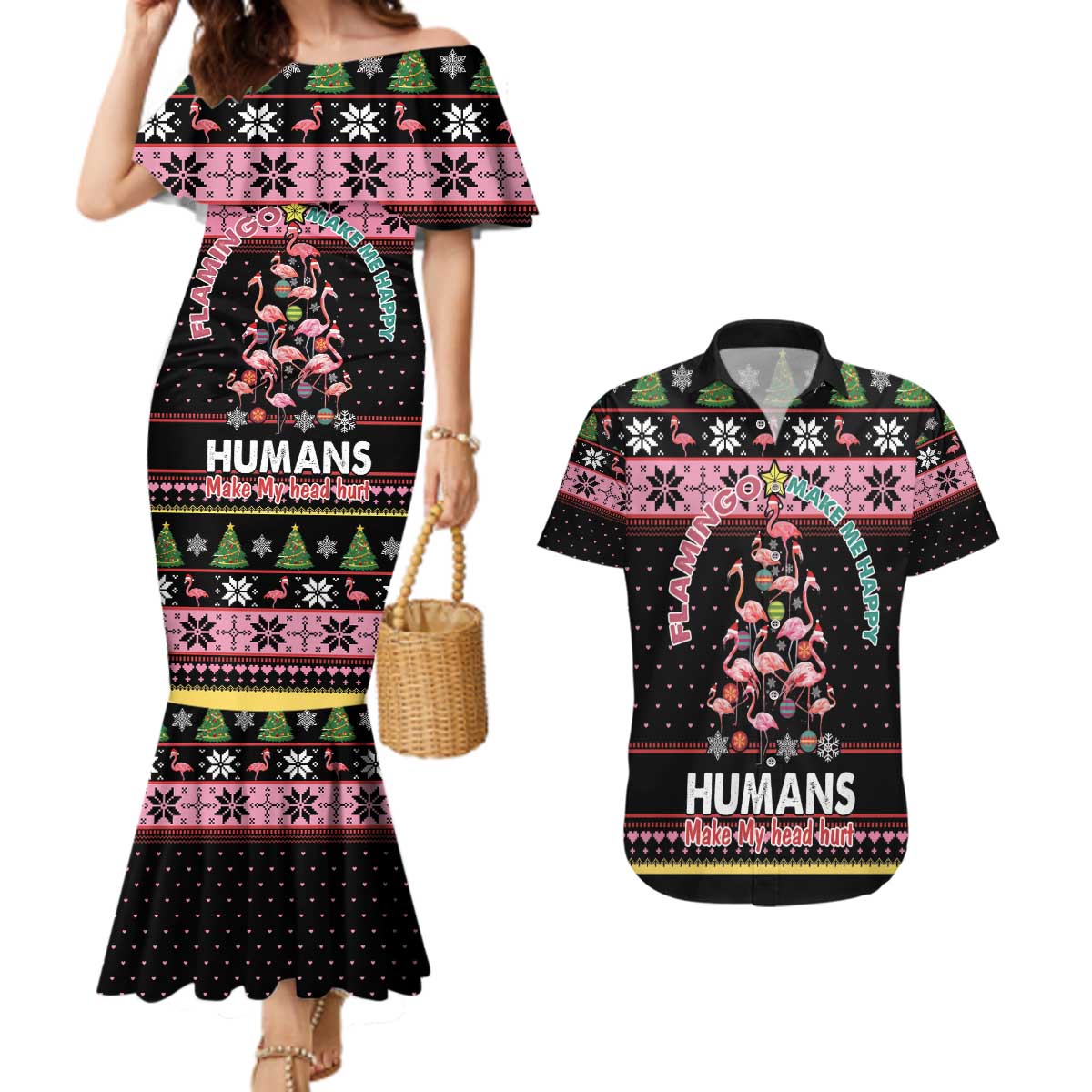Flamingo Make Me Happy Christmas Tree Couples Matching Mermaid Dress and Hawaiian Shirt Human Make My Head Hurt - Wonder Print Shop