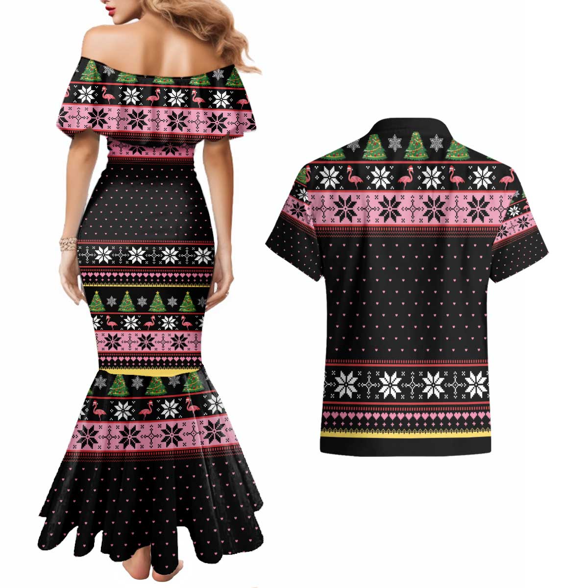 Flamingo Make Me Happy Christmas Tree Couples Matching Mermaid Dress and Hawaiian Shirt Human Make My Head Hurt - Wonder Print Shop