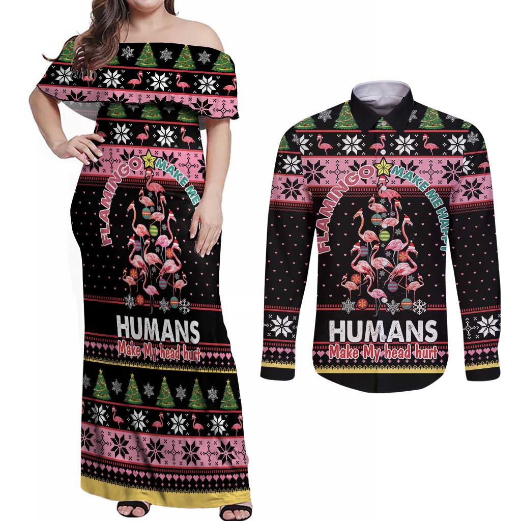 Flamingo Make Me Happy Christmas Tree Couples Matching Off Shoulder Maxi Dress and Long Sleeve Button Shirt Human Make My Head Hurt - Wonder Print Shop