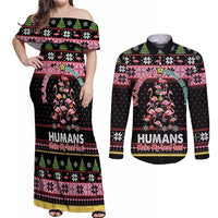 Flamingo Make Me Happy Christmas Tree Couples Matching Off Shoulder Maxi Dress and Long Sleeve Button Shirt Human Make My Head Hurt - Wonder Print Shop