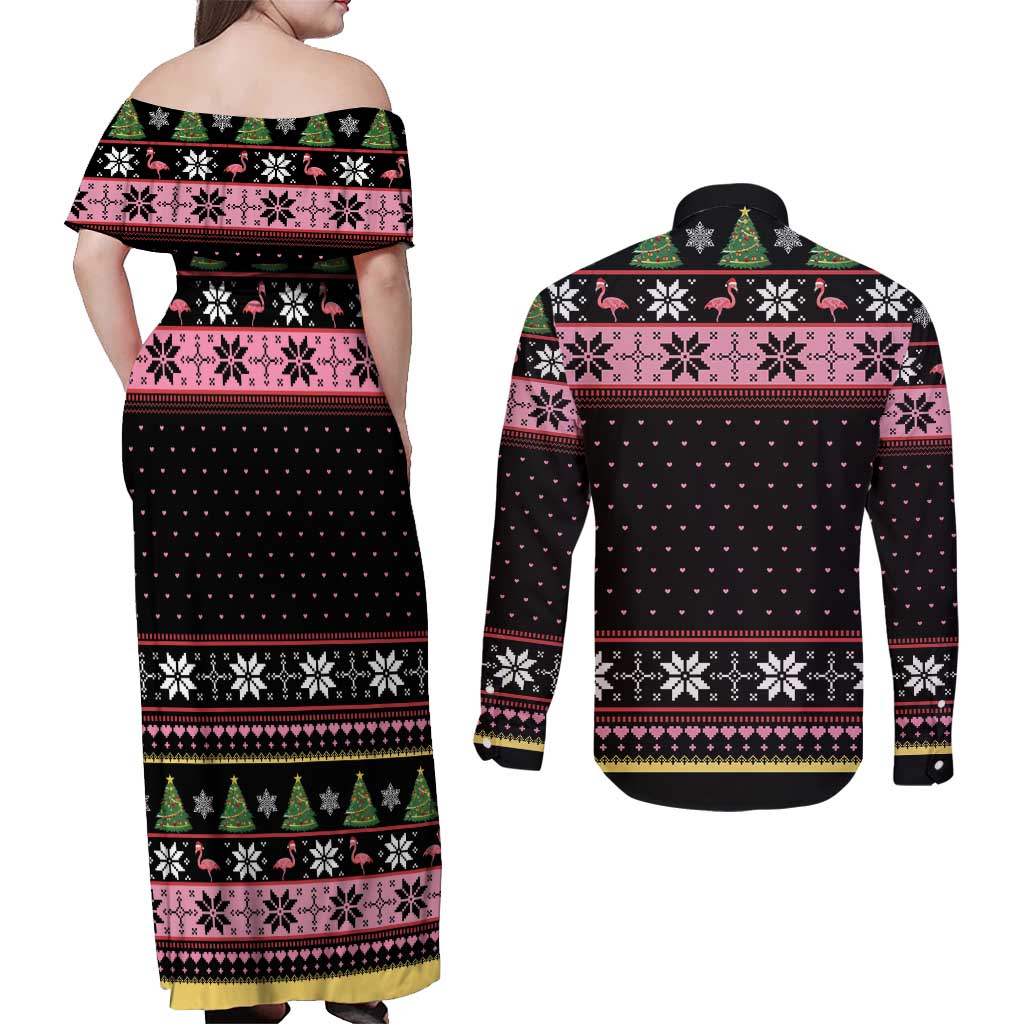 Flamingo Make Me Happy Christmas Tree Couples Matching Off Shoulder Maxi Dress and Long Sleeve Button Shirt Human Make My Head Hurt - Wonder Print Shop