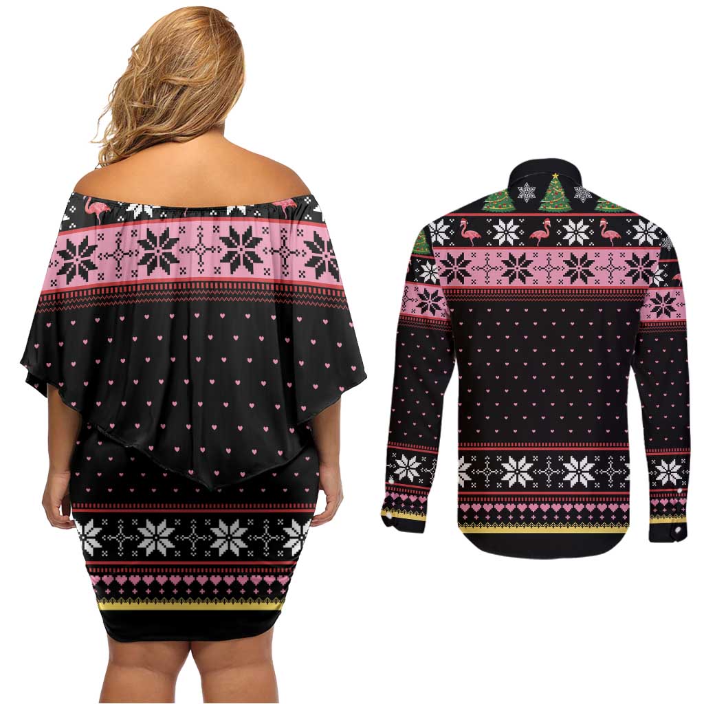 Flamingo Make Me Happy Christmas Tree Couples Matching Off Shoulder Short Dress and Long Sleeve Button Shirt Human Make My Head Hurt - Wonder Print Shop