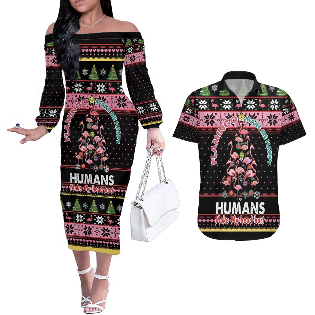 Flamingo Make Me Happy Christmas Tree Couples Matching Off The Shoulder Long Sleeve Dress and Hawaiian Shirt Human Make My Head Hurt - Wonder Print Shop