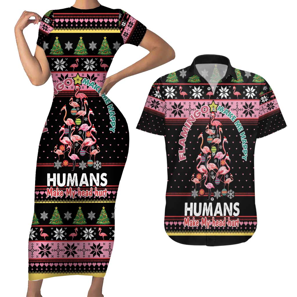Flamingo Make Me Happy Christmas Tree Couples Matching Short Sleeve Bodycon Dress and Hawaiian Shirt Human Make My Head Hurt - Wonder Print Shop