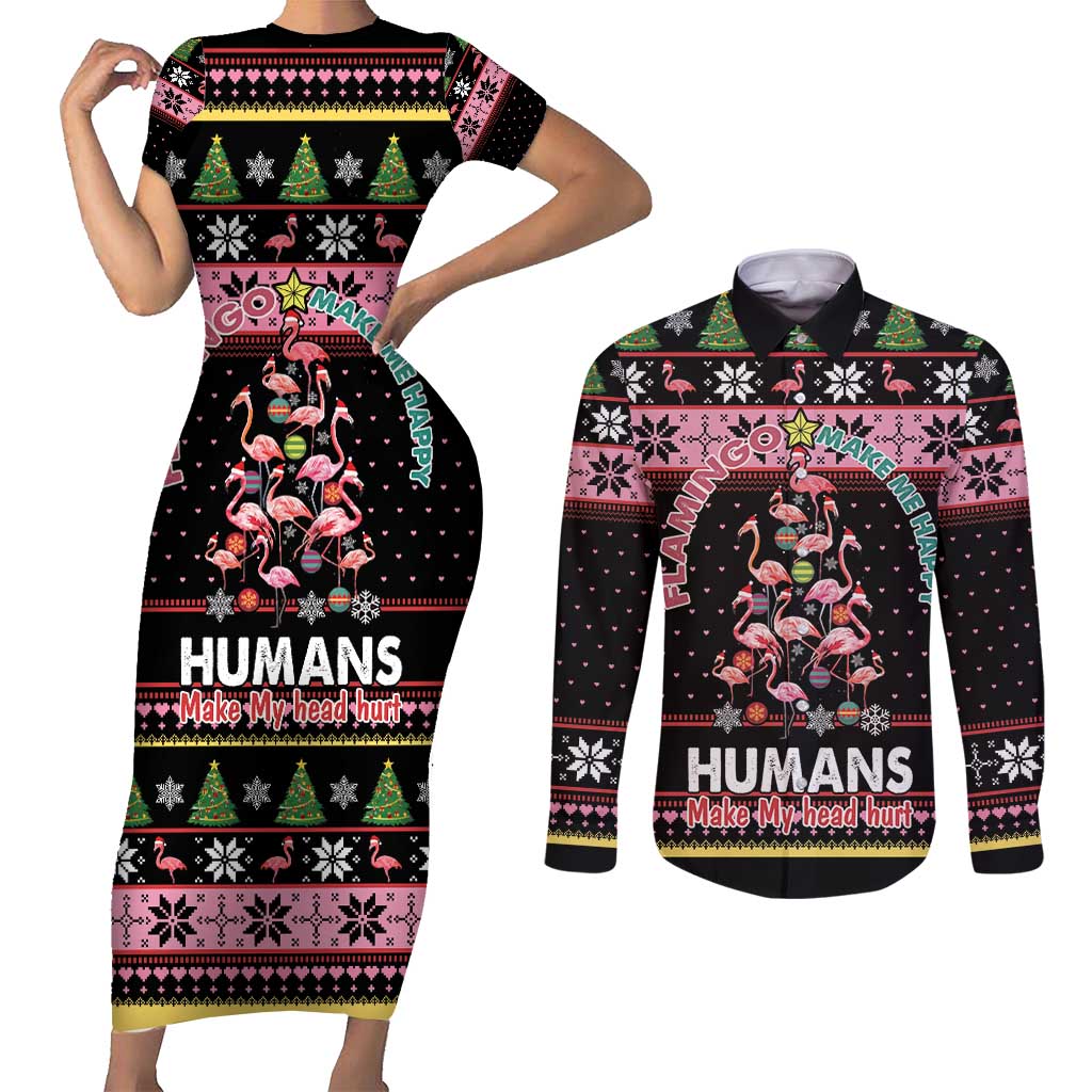 Flamingo Make Me Happy Christmas Tree Couples Matching Short Sleeve Bodycon Dress and Long Sleeve Button Shirt Human Make My Head Hurt - Wonder Print Shop