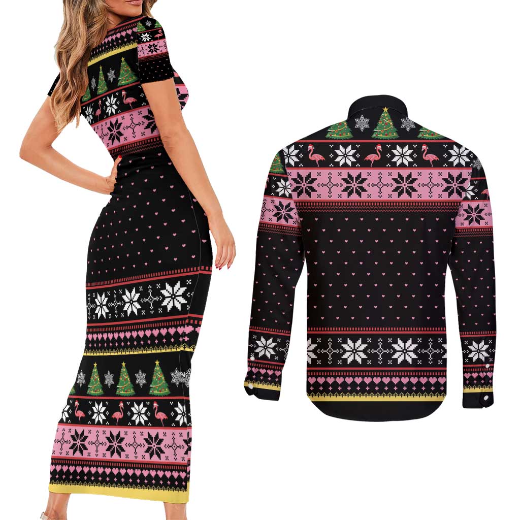 Flamingo Make Me Happy Christmas Tree Couples Matching Short Sleeve Bodycon Dress and Long Sleeve Button Shirt Human Make My Head Hurt - Wonder Print Shop