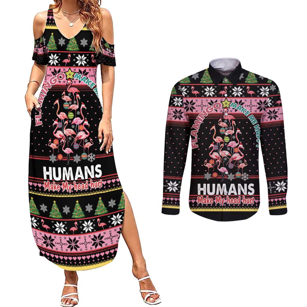 Flamingo Make Me Happy Christmas Tree Couples Matching Summer Maxi Dress and Long Sleeve Button Shirt Human Make My Head Hurt - Wonder Print Shop