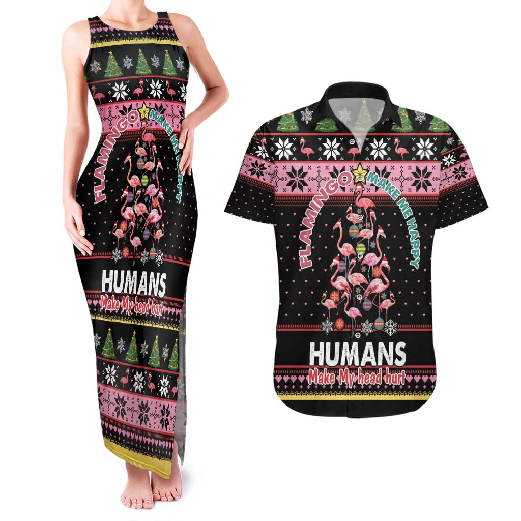Flamingo Make Me Happy Christmas Tree Couples Matching Tank Maxi Dress and Hawaiian Shirt Human Make My Head Hurt - Wonder Print Shop