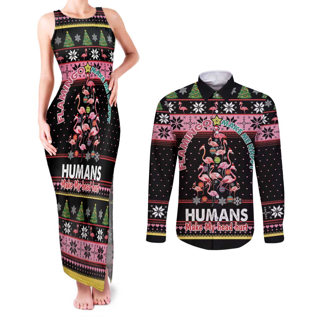 Flamingo Make Me Happy Christmas Tree Couples Matching Tank Maxi Dress and Long Sleeve Button Shirt Human Make My Head Hurt - Wonder Print Shop