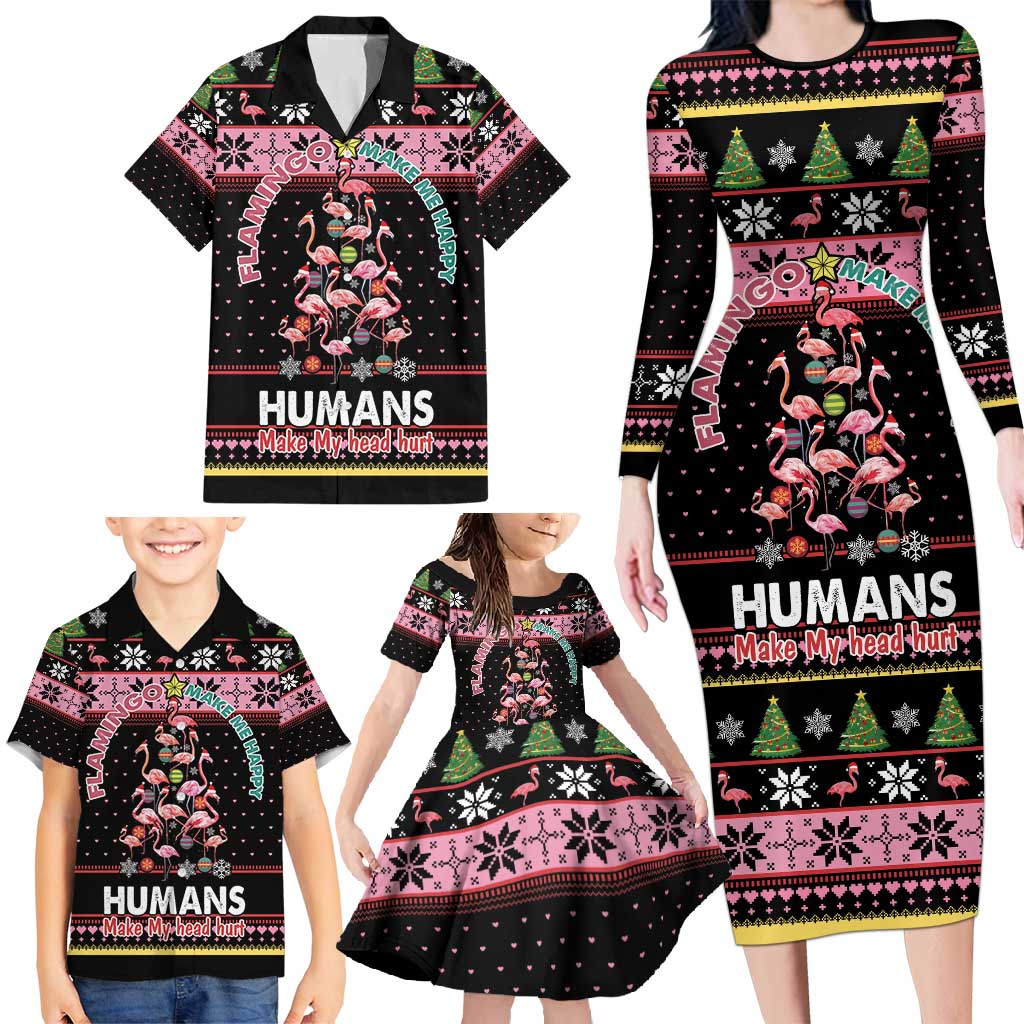 Flamingo Make Me Happy Christmas Tree Family Matching Long Sleeve Bodycon Dress and Hawaiian Shirt Human Make My Head Hurt - Wonder Print Shop