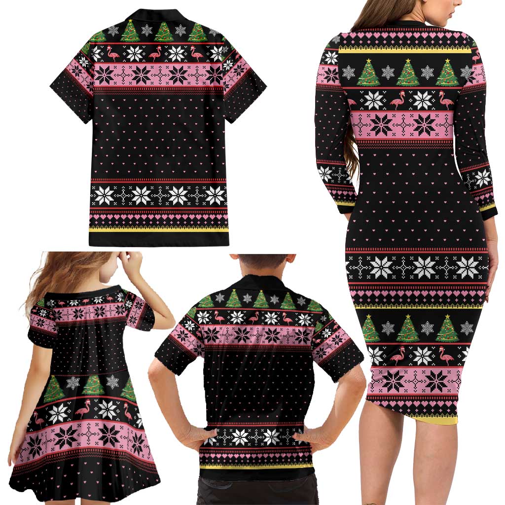 Flamingo Make Me Happy Christmas Tree Family Matching Long Sleeve Bodycon Dress and Hawaiian Shirt Human Make My Head Hurt - Wonder Print Shop