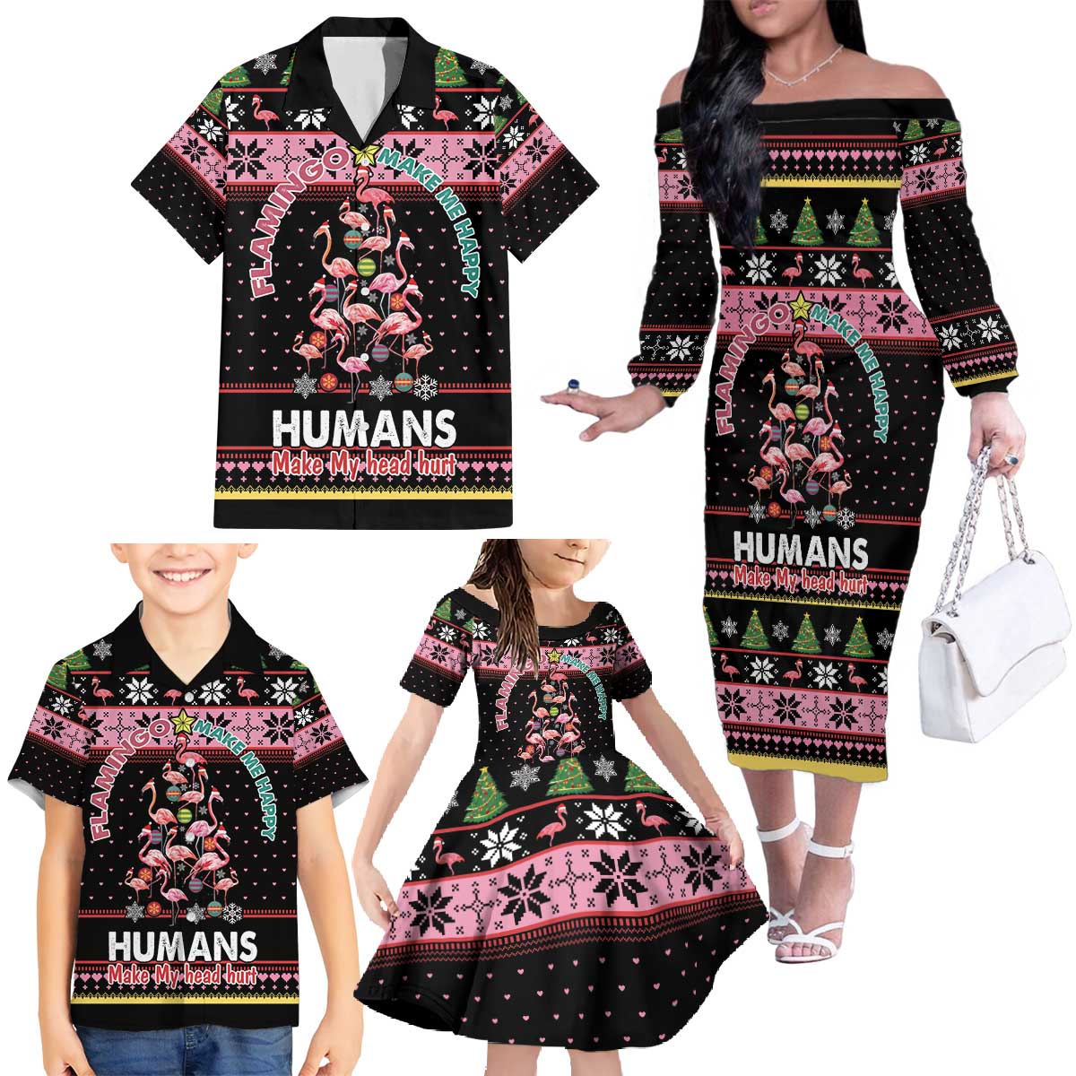 Flamingo Make Me Happy Christmas Tree Family Matching Off The Shoulder Long Sleeve Dress and Hawaiian Shirt Human Make My Head Hurt - Wonder Print Shop