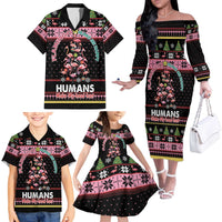 Flamingo Make Me Happy Christmas Tree Family Matching Off The Shoulder Long Sleeve Dress and Hawaiian Shirt Human Make My Head Hurt - Wonder Print Shop
