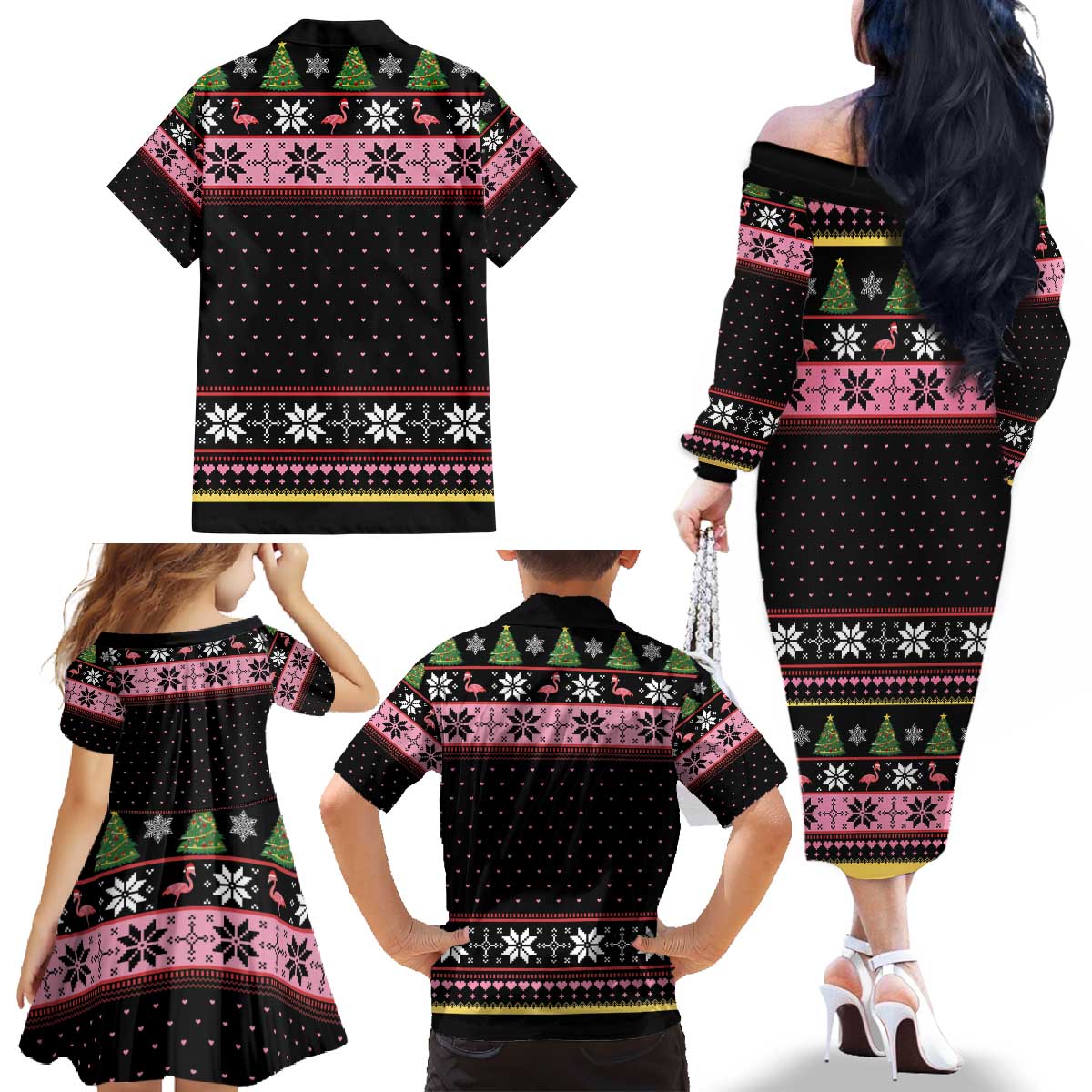 Flamingo Make Me Happy Christmas Tree Family Matching Off The Shoulder Long Sleeve Dress and Hawaiian Shirt Human Make My Head Hurt - Wonder Print Shop
