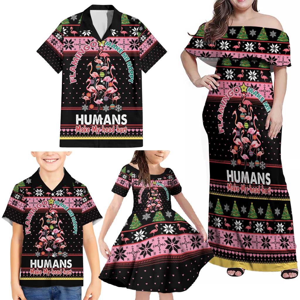 Flamingo Make Me Happy Christmas Tree Family Matching Off Shoulder Maxi Dress and Hawaiian Shirt Human Make My Head Hurt - Wonder Print Shop