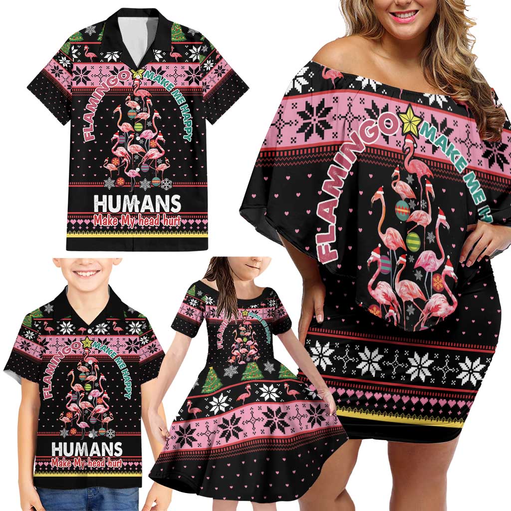 Flamingo Make Me Happy Christmas Tree Family Matching Off Shoulder Short Dress and Hawaiian Shirt Human Make My Head Hurt - Wonder Print Shop