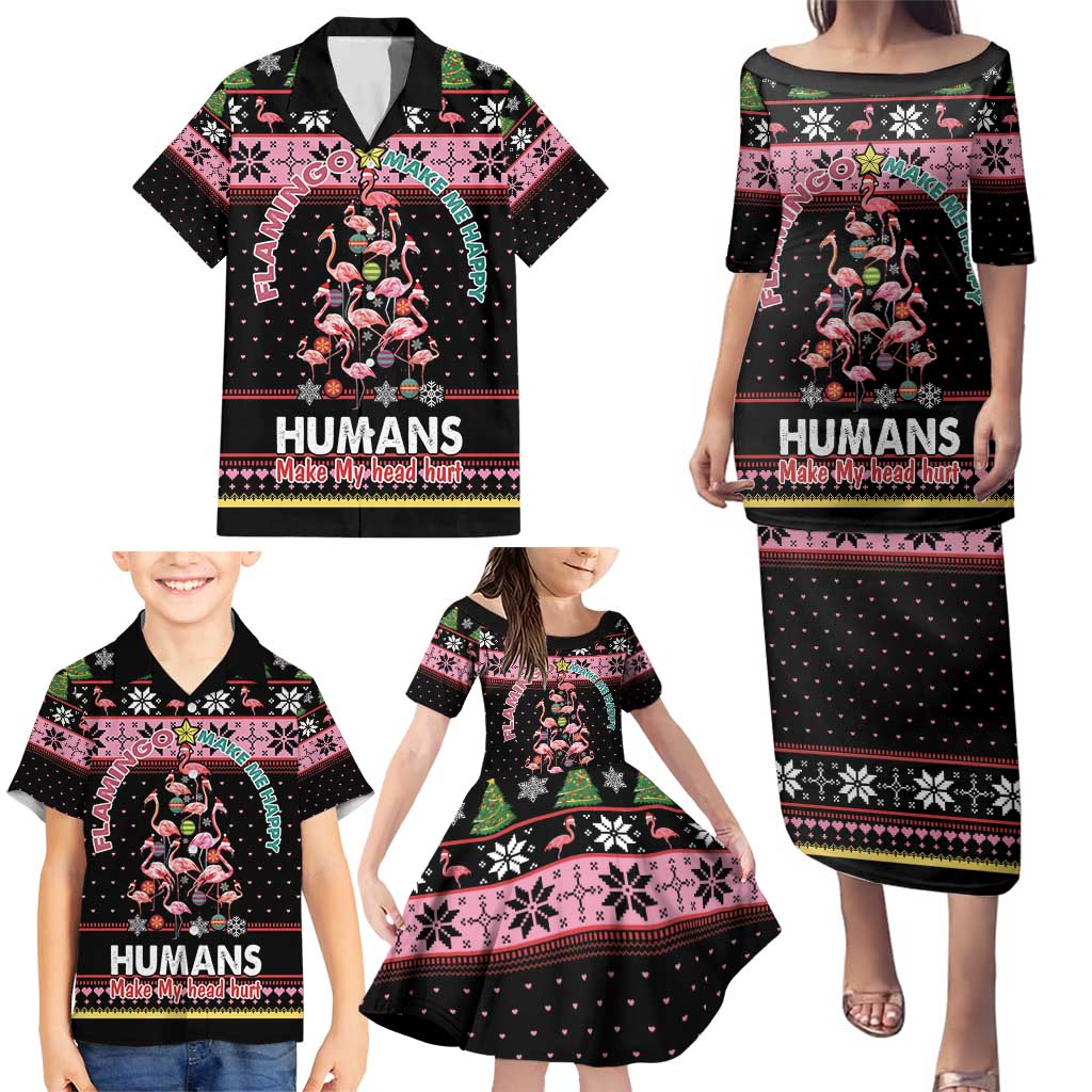 Flamingo Make Me Happy Christmas Tree Family Matching Puletasi and Hawaiian Shirt Human Make My Head Hurt - Wonder Print Shop