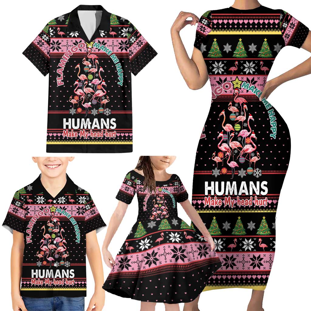 Flamingo Make Me Happy Christmas Tree Family Matching Short Sleeve Bodycon Dress and Hawaiian Shirt Human Make My Head Hurt - Wonder Print Shop