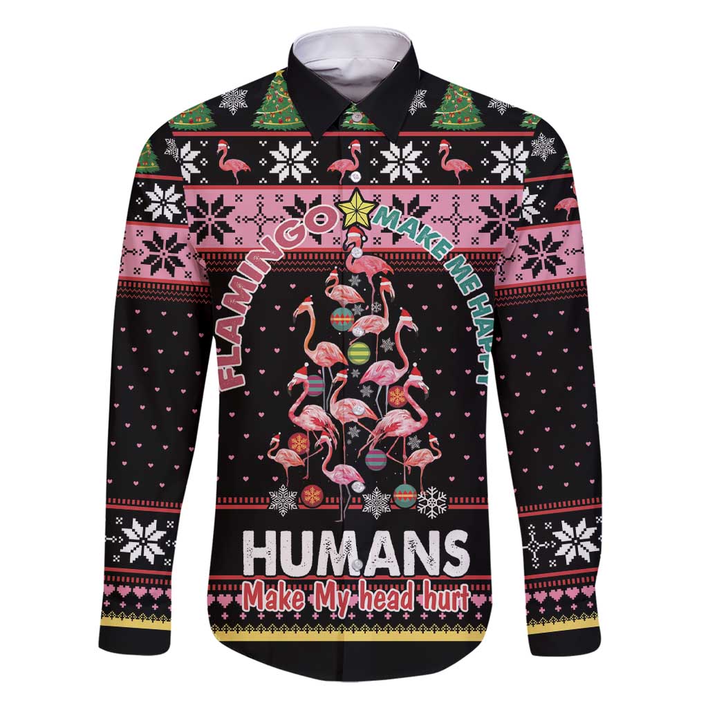 Flamingo Make Me Happy Christmas Tree Family Matching Short Sleeve Bodycon Dress and Hawaiian Shirt Human Make My Head Hurt - Wonder Print Shop